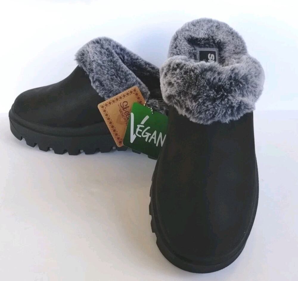 Skechers USA NEW Black Shindigs Fortress Faux Fur Slip On Clogs Lug Sole Shoes 7